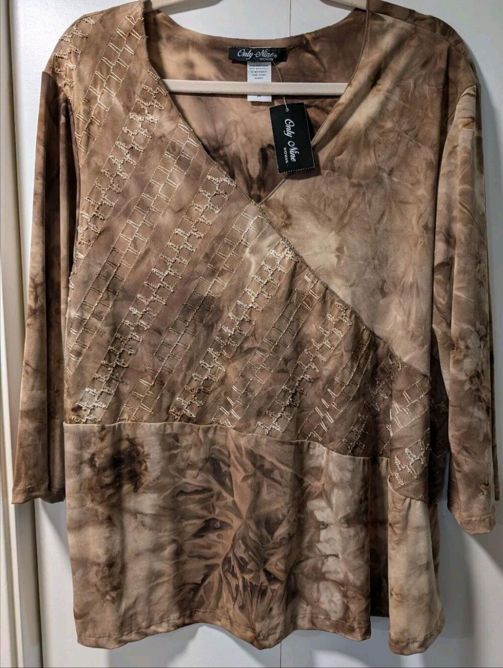 Only Mine Brown Tie-Dye V-Neck Embellished Top Sz 2X NWT